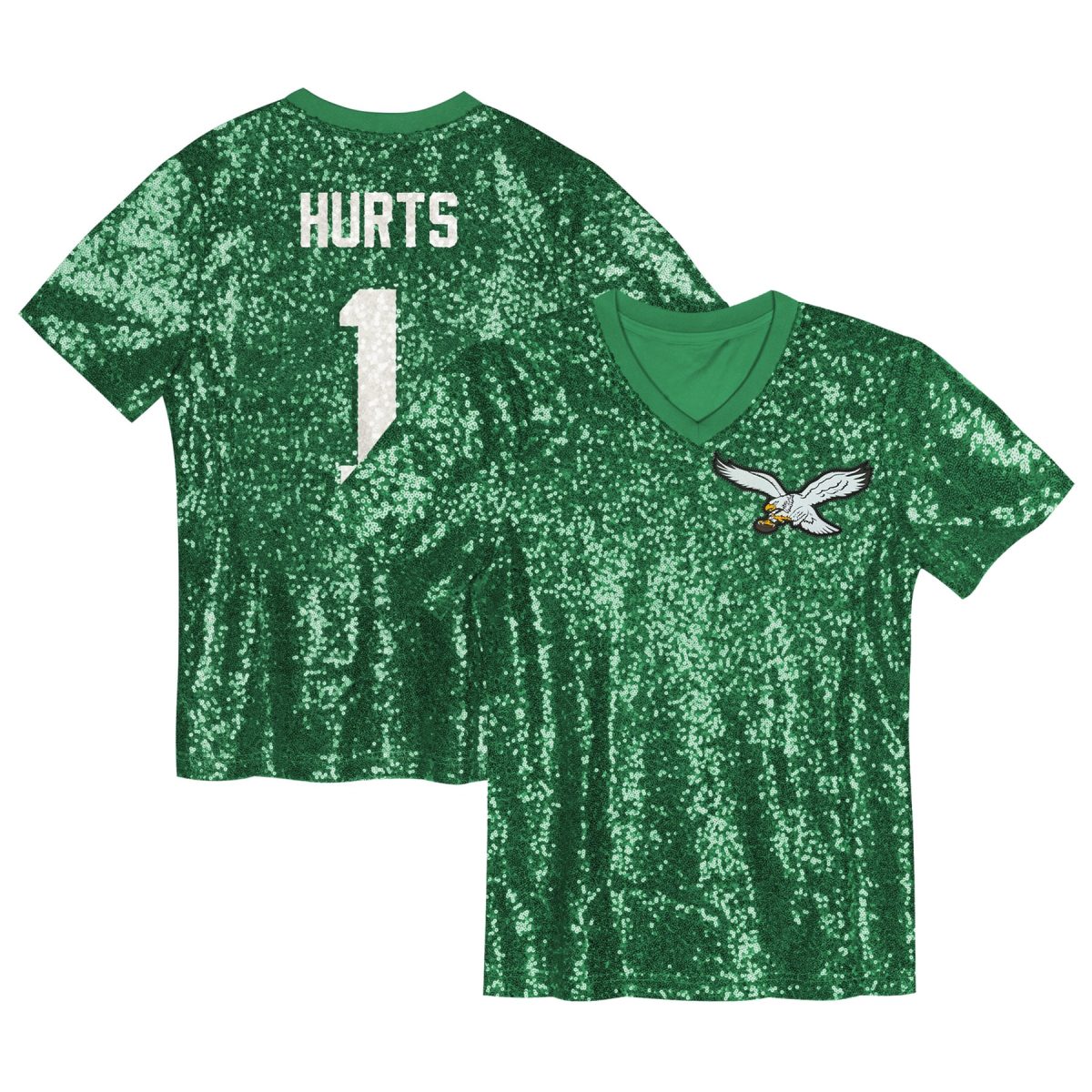 girls youth jalen hurts kelly green philadelphia eagles sequin v-neck fashion jersey | NFL Jerseys & Hats Collection at Eagles Jerseys