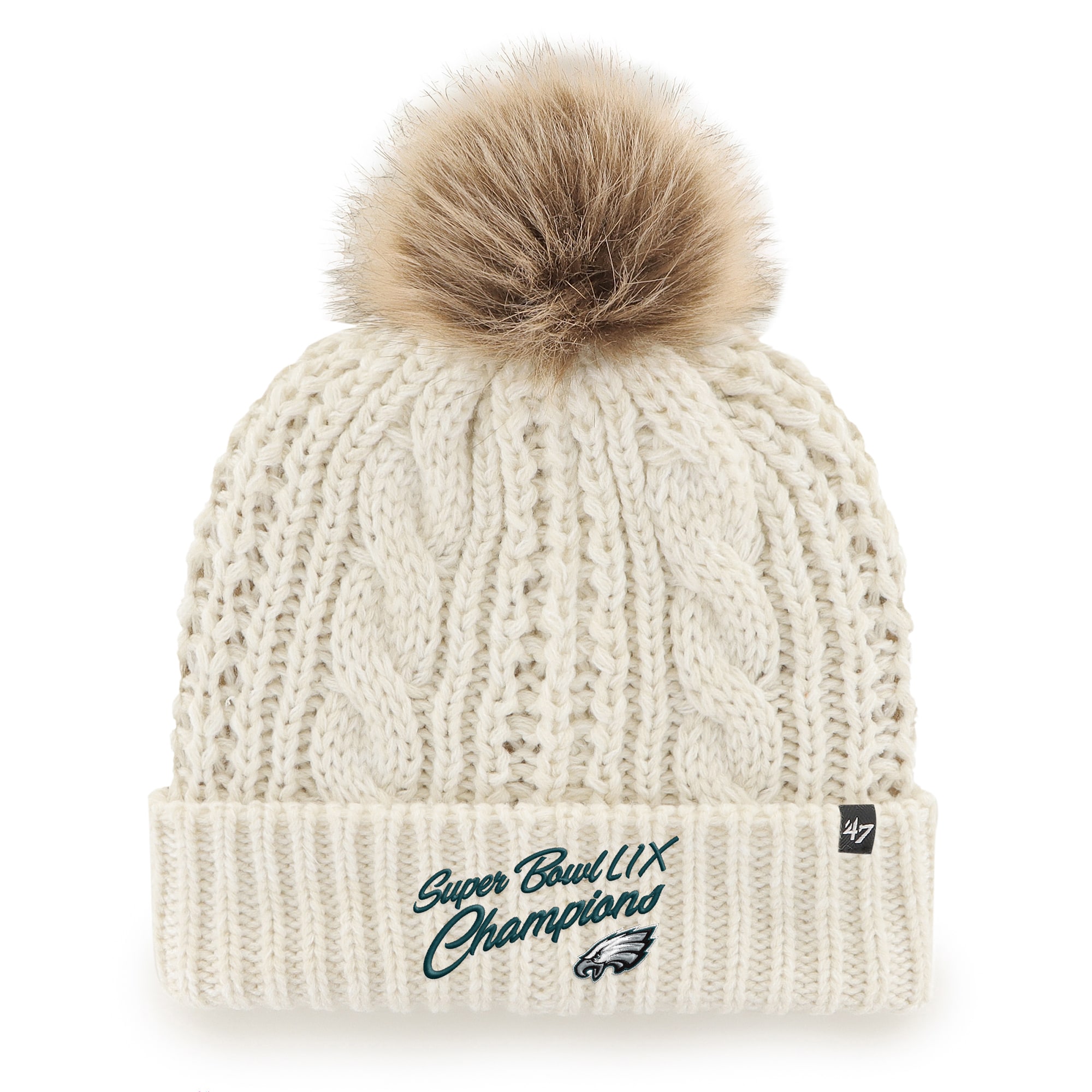 womens 47 white philadelphia eagles super bowl lix champions meeko cuffed knit hat with pom | NFL Jerseys & Hats Collection at Eagles Jerseys