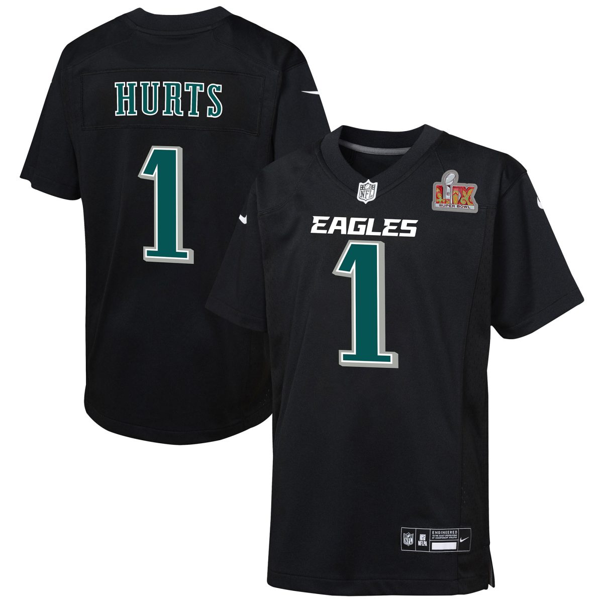 youth nike jalen hurts carbon black philadelphia eagles super bowl lix patch fashion game player jersey | NFL Jerseys & Hats Collection at Eagles Jerseys